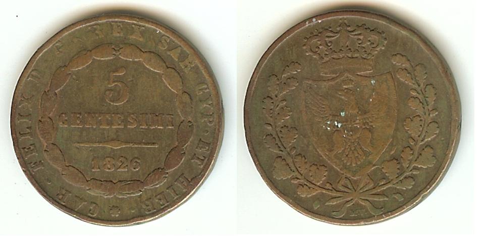 Italy Sardinia 5 Centesimi 1826 F